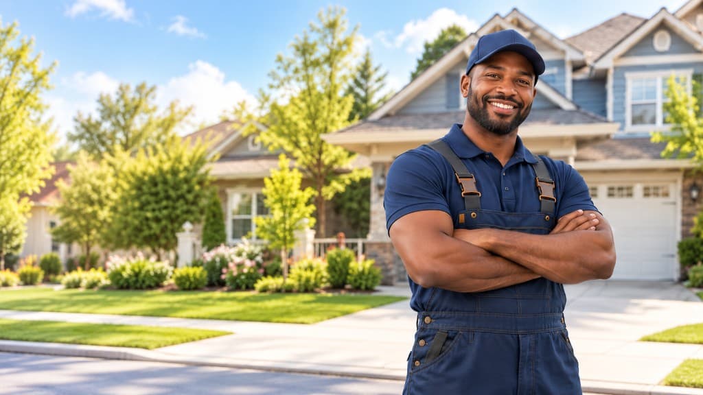 Home service professional in front of a house