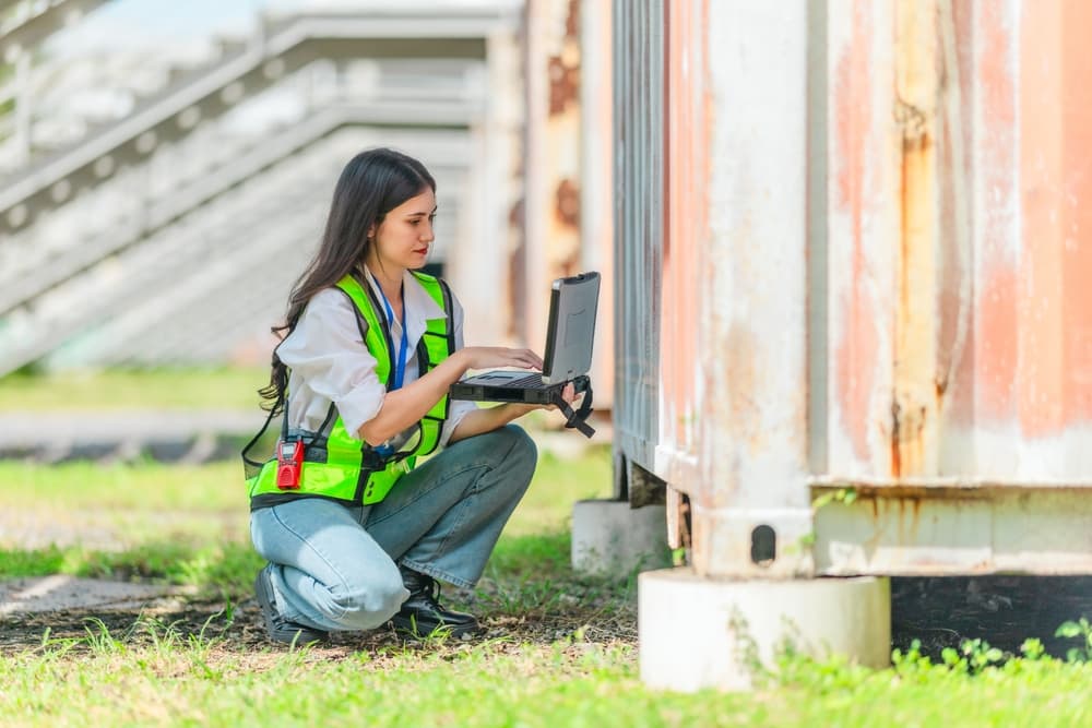 Technician checking a rugged laptop on a job site