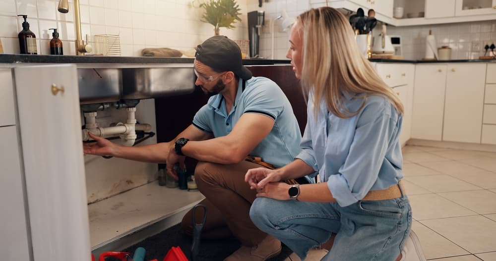 Plumber and homeowner looking over pipes under a kitchen sink