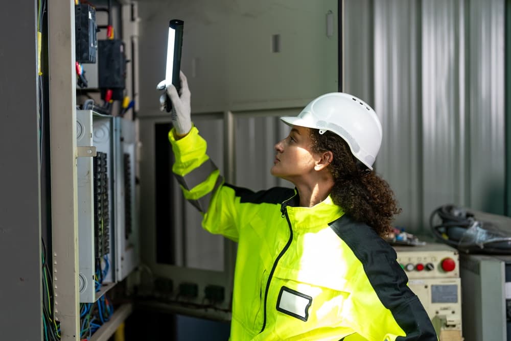 Electrician inspecting an open breaker panel