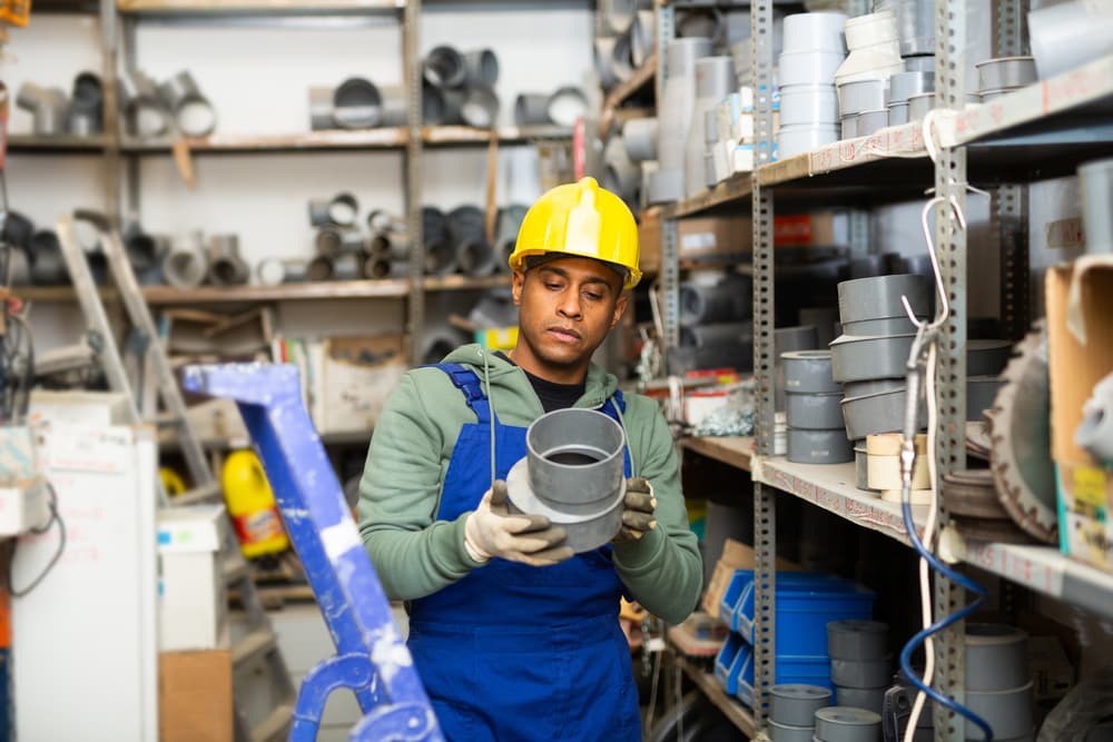 Technician checking fittings in a parts supply room