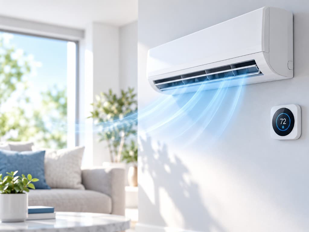 Wall-mounted air conditioner cooling a bright living room
