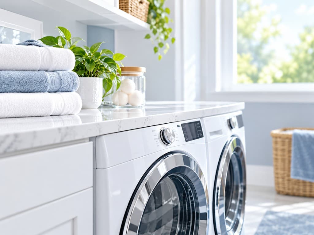 Clean laundry room with folded towels