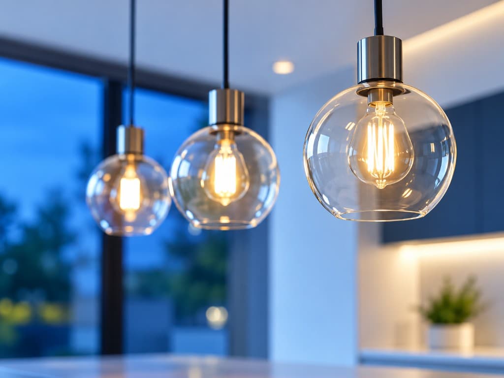 Modern pendant lights glowing in a home