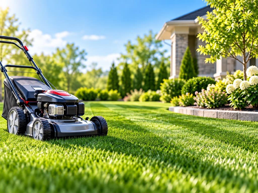 Lawn mower on a freshly maintained lawn