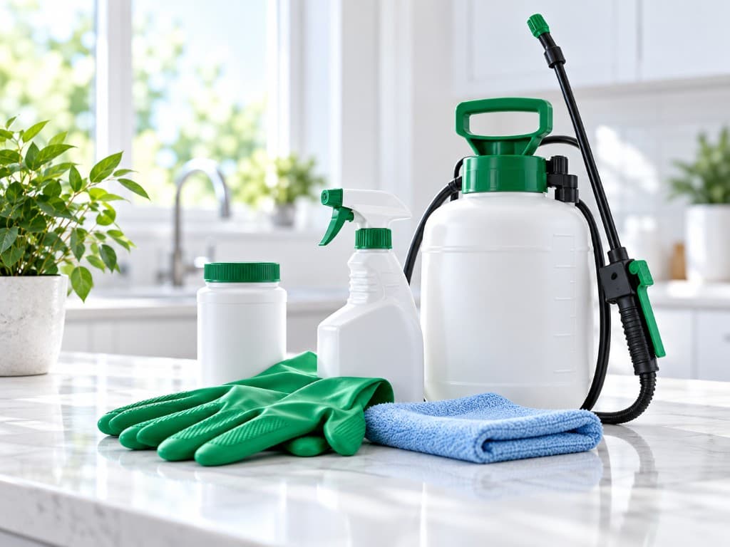 Professional pest control sprayer and protective gloves