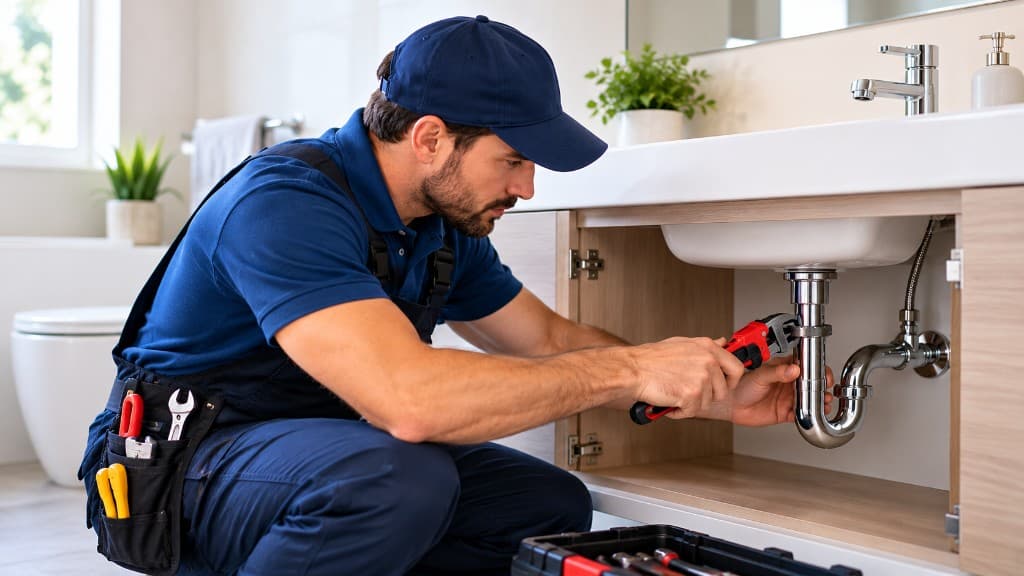 Plumber repairing a modern bathroom sink